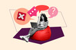© deagreez - Sketch template design collage of young woman smile sit beanbag type laptop app speech cloud cross sticker note comment message bubble
