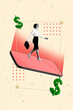 © deagreez - 3D collage trend artwork composite sketch poster of young lady walk huge smartphone touchscreen earnings currency market income budget