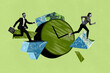 © deagreez - Banner full photo trend image collage of happy businessman businesswoman run time clock dial deadline expire limit timepiece