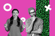 © deagreez - Banner image collage of person think with 3d render objects over pink color background