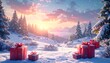 © Lina - A snowy landscape at dawn with snow-covered trees, gift boxes, and a picturesque view of distant mountains. The sky is lit by the rising sun