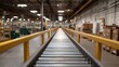 © Thares2020 - Empty industrial warehouse interior with a long roller conveyor belt stretching into the distance