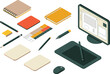 © LatifunNahar - Isometric creative workspace illustration with graphic design tools computer tablet stationery and digital art equipment for modern designer studio