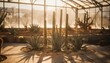 © Justlight - Backlit medium shot capturing dramatic shadows of desert botanical shapes emphasizing height and form in sharp focus against a gently blurred aridthemed greenhouse scene.