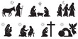 © Riki - Collection of black silhouette illustrations depicting key moments from the Christian faith, including the Nativity, Jesus' life, and the Resurrection.