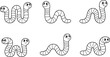 © Hello there - Set of cute cartoon worm illustrations in different poses, simple black line art characters isolated on white background for kids education and coloring
