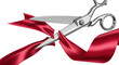 © Valentin - Highly polished silver ceremonial shears cutting a luxurious crimson satin ribbon, isolated on a brilliant white background with hard specular light. concept of grand opening