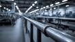 © Thares2020 - A metallic pipe runs through a modern industrial factory hall with blurred production hinery and overhead lights