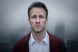 © pavlofox - Man stands in city fog with serious expression