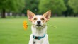 © Lion - Dog holding yellow flower in mouth in park setting