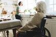 © shurkin_son - Rare view image with selective focus on old disabled female in wheelchair talking to her home assistant or caregiver cleaning kitchen or cooking dinner standing next to window in front of counter
