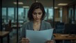 © Future Vision - Reading woman wearing grey blazer, pendant, holding document in modern office, glass partitions