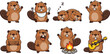 © Sumon Creative - Cute beaver cartoon character set with different poses camping, sleeping, eating and playing guitar vector illustration