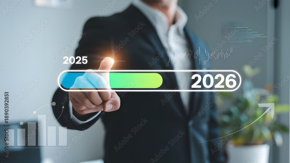 Progress and transition from 2025 to 2026 concept. A person pointing to ...