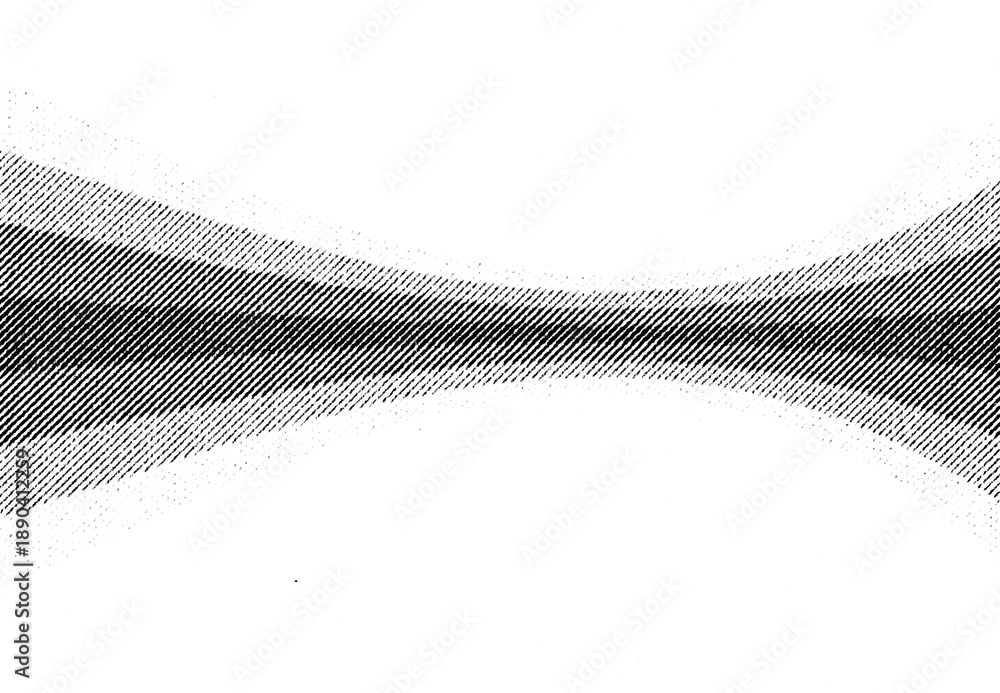Macro halftone print forming a curved, hourglass-like dark band fading outward into lighter diagonal lines on a transparent background.