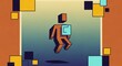 © Nikita - A stylized figure runs with a laptop in a vibrant, gradient background surrounded by geometric shapes