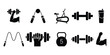 © Charles stockio - set of gym and fitness icons in black silhouette style. Fitness equipment icon set. Dumbbell, kettlebell, exercise bike, sport symbols. Gym and workout tools collection. Vector illustration.