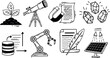 © DesignVectX - Line art vector icons plant sprout telescope magnet attracting paper robotic arm feather quill scroll crystals solar panel