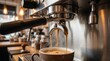 © Argiduna - Cafetera industrial profesional preparando un espresso cremoso, crema densa color avellana fluyendo desde el portafiltro, vapor suave, acero inoxidable brillante, cafetería moderna, iluminación cálida
