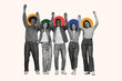 © Prostock-studio - Five individuals stand together with arms raised in celebration. They have different hairstyles and clothes and are smiling. Bright colors surround their heads, adding a lively effect.