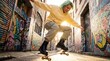 © Yauhen - Stylish young woman with green hair skateboarding in a graffiti alley. The sunny urban scene captures energy and youth culture, perfect for lifestyle and fashion themes.