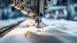 © Honey - A close-up view of an industrial sewing machine stitching white fabric in a factory setting