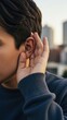 © MMerellinn - Person cupping ear to listen intently, representing deafness awareness, hearing loss challenges, and ear health concerns in an urban environment