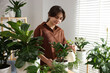 © New Africa - Woman watering beautiful potted houseplant near window at home