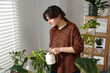 © New Africa - Woman watering beautiful potted houseplant near window at home