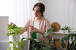 © New Africa - Woman spraying beautiful potted houseplant with water indoors