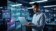 © R freelance  - Future Business Analyst: Professional Man Working on Laptop with Floating AI Data Screens and Charts