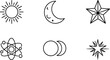 © Vitechek - Collection of celestial and scientific icons including sun, moon, star, atom, and phases
