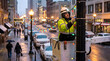 © Alex - Municipal worker in cherry picker installing Christmas lights on city street lamp. Utility man hanging festive holiday decorations in downtown at evening