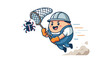 © prutul - Cute cartoon character in hard hat catching a software bug with a net, debugging IT concept illustration