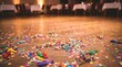 © Andrey - Colorful confetti and deflated balloons scattered on a wooden dance floor after a party. Aftermath of a joyful celebration or event.