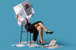 © Pixel-Shot - Young businesswoman in high heels with many newspapers and phone sitting on chair against blue background