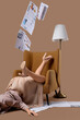 © Pixel-Shot - Young woman in high heels with lamp and many newspapers on armchair against brown background, closeup