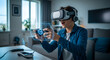 © Dani - Young Man Engaged in Immersive VR Gaming, Wearing a Headset and Using Controllers to Interact with Dynamic Digital Worlds and Futuristic Entertainment