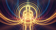 © Satrio - Human figure surrounded by vibrant energy aura and circular motion.