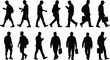 © Jonn - Silhouettes of men walking, casual and business attire, backpacks, briefcases, mobile phones, urban lifestyle, black vector illustration, human motion, technology use, daily commute