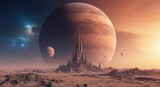 Alien planet landscape with towering structure and large planet