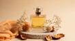 © Roki - Luxury fragrance perfume bottle on stone pedestal with dried flowers and fabric, exuding elegance and sophistication in a serene setting.