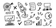 © Taniya - Collection of business and strategy related doodle icons: target rocket checklist chart computer pen envelope clock puzzle and more, hand drawn simple sketch elements