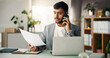 © peopleimages.com - Documents, phone call and businessman with laptop in office with contact for finance deal with client. Computer, paperwork and male financial advisor on mobile discussion for investment proposal.