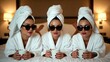 © Gennyson Marinho - Three stylish women in white bathrobes and sunglasses, towels on heads, lie on a bed with mugs.