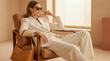 © Mariya Sorvacheva - Female model in a cream suit and sunglasses sits elegantly in a wooden chair, showcasing a minimalist interior with soft lighting and neutral tones for a fashion editorial