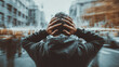 © Nuchylee - Noise pollution person ear stress city traffic headache anxiety, overwhelmed commuter covering ear amid loud urban street