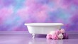 © chusnul - White freestanding bathtub on a lavender floor with pink hydrangeas beneath soft pastel clouds. soft ambiance
