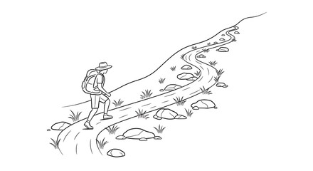  A black and white line drawing of a person fishing on a riverbank with fish swimming in the water