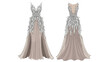 © Rizky - Exquisite avant-garde gown concept showcasing intricate feathered silver detailing on a flowing beige silhouette front and back views for high